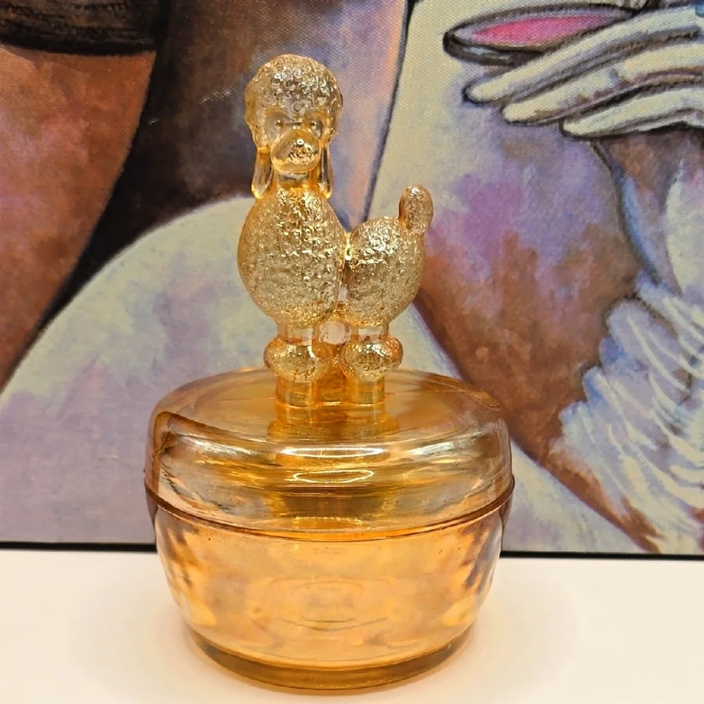 Vintage Lustre Marigold Carnival Glass Jeannette French Poodle Trinket Box Dish